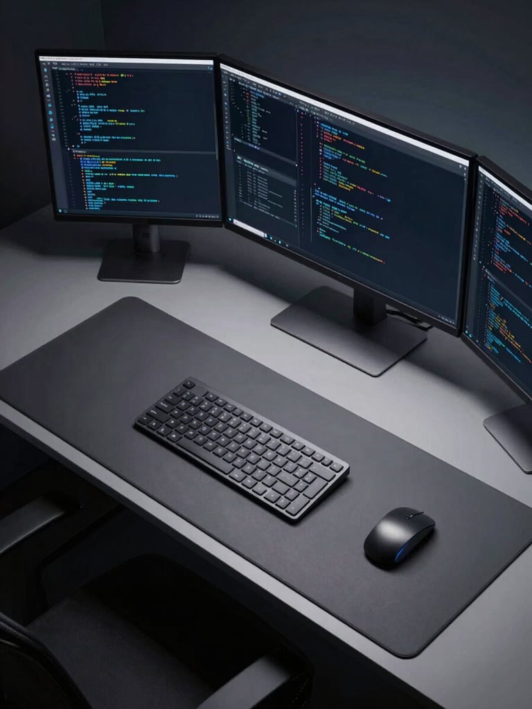 Overhead flat lay of a clean minimalist developer workspace, dual monitors displaying abstract code, a sleek desk mat, dark aluminum accessories, low-key lighting with subtle electric blue accents