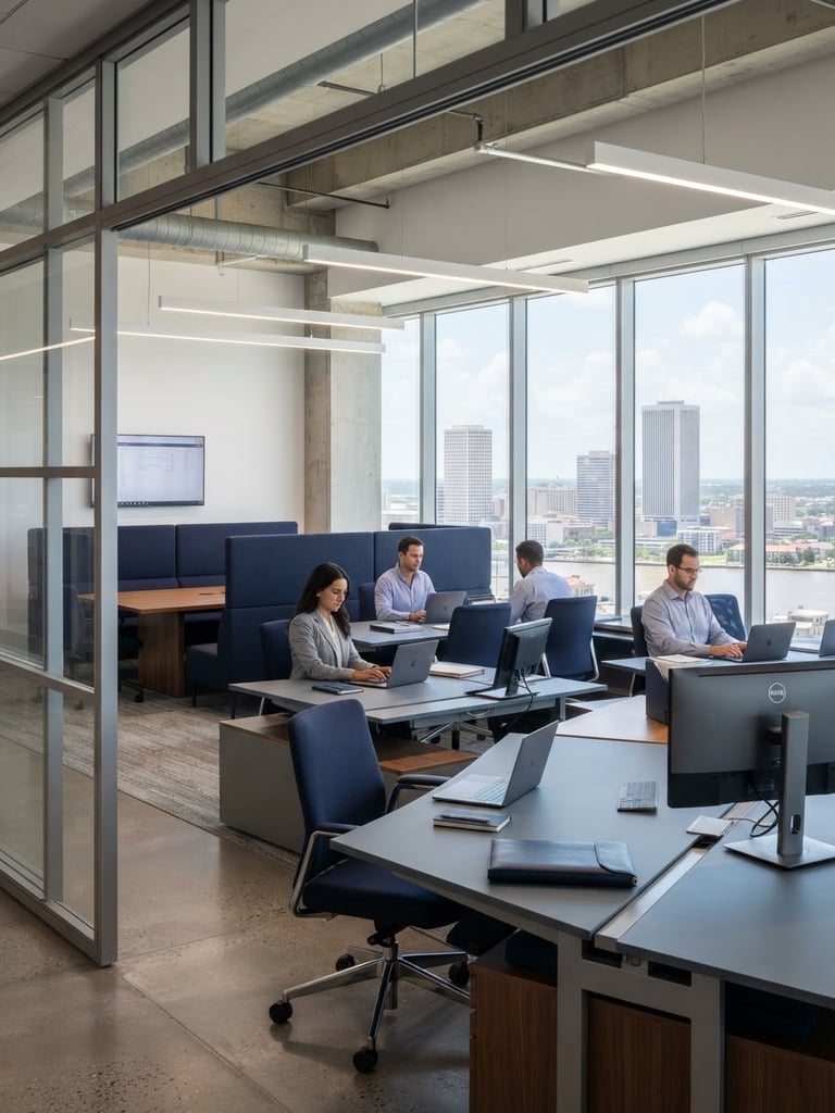 A clean corporate office environment in New Orleans, professional slate and navy tones, bright natural daylight, sharp focus, architectural framing of a structured workspace.