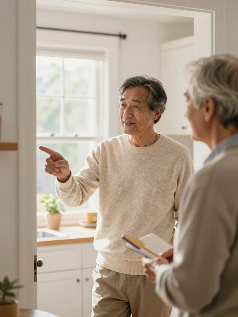 A friendly home assessor in a warm cream sweater pointing gently to a low-threshold doorway, talking with an older homeowner in a sunlit kitchen.