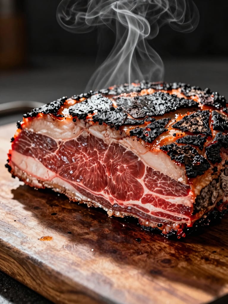 Extreme close-up of a thick brisket cross-section on a worn cutting board, smoke ring clearly visible as a deep crimson band beneath the bark, warm studio tungsten light from left casting long shadows across the charred crust, wisps of residual smoke, dark background
