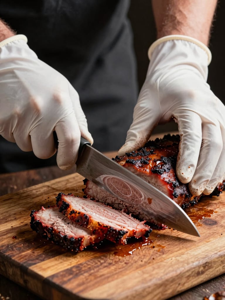 Close-up of a pitmaster's gloved hands slicing through a smoked brisket flat on a worn wooden cutting board, smoke ring clearly visible in cross-section, warm tungsten light from above, dark background