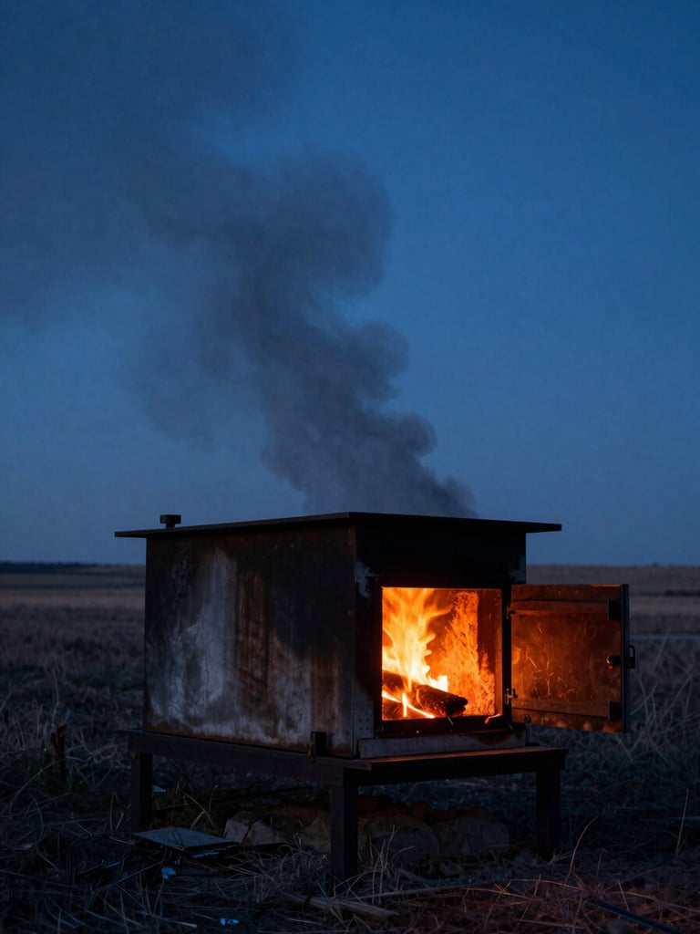 Atmospheric low-key shot of a large offset smoker at dawn, glowing orange embers visible through the firebox door, thin blue smoke rising against a dark pre-dawn Kansas prairie sky, left-leaning wide frame
