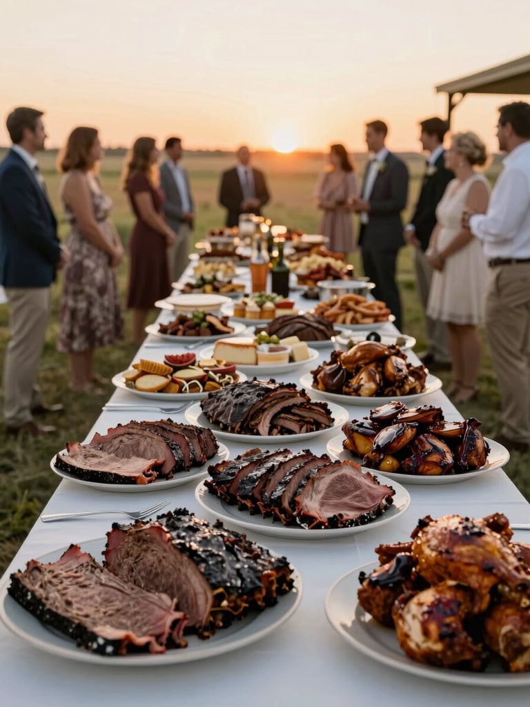 Wide outdoor wedding reception spread at golden hour, a long farm table loaded with carved brisket, ribs, and smoked chicken platters, warm amber light across the prairie grass backdrop, soft-focus guests standing beyond the food