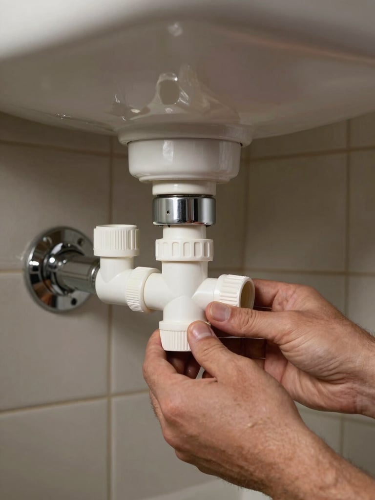 Close-up panoramic of a plumber's hands connecting PVC drain pipe beneath a residential sink, tungsten work light casting sharp shadows on white PVC fittings and chrome trap, real Yonkers home bathroom tile visible in background, documentary framing