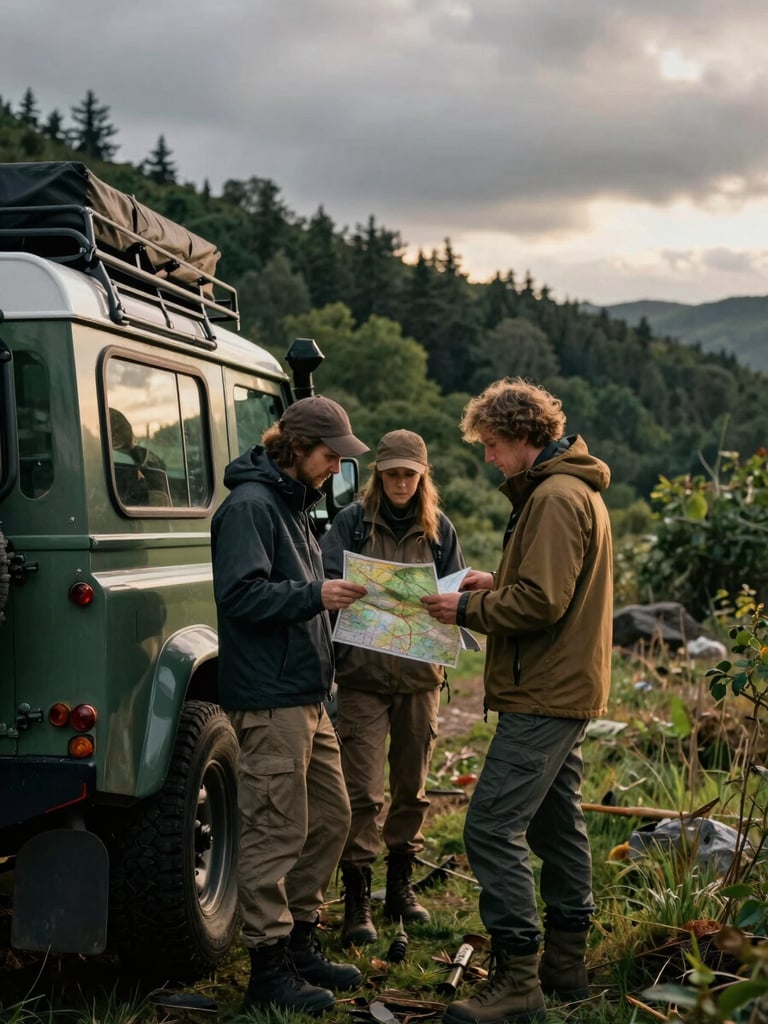 Two overlanding creators in rugged jackets standing next to a classic defender rig, examining a physical trail map, overcast dramatic daylight, moody green tones
