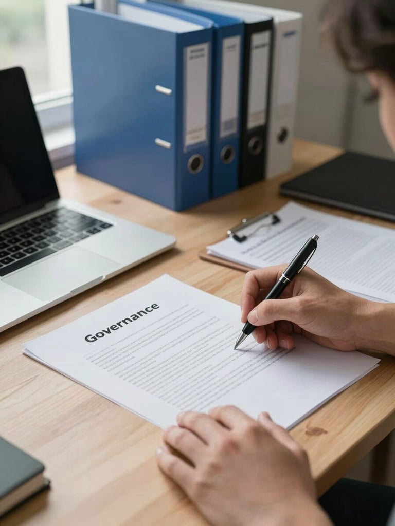 Wide desk surface viewed from above, hands annotating a printed governance document with a pen, organized binders and a laptop in the background, soft even daylight from a window to the left
