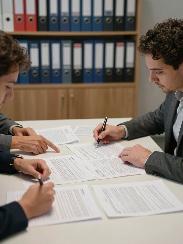 Environmental shot of a quiet meeting room, two people reviewing printed documentation spread across a table, overhead soft diffused light, organized binders visible on a shelf in background, calm and focused
