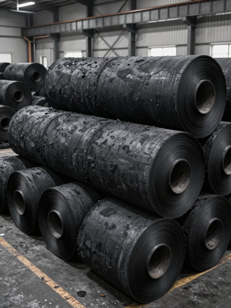 Wide-angle environmental shot of massive charcoal fabric rolls stacked on a heavy industrial factory floor, cold daylight, high-contrast technical environment.