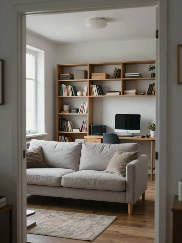 Wide environmental shot of a furnished living area photographed head-on from the doorway — clean sofa, organised shelving, a compact desk with a monitor setup visible to one side, natural daylight flooding through a tall window on the left third, cool and even light, no occupants, no decorative props