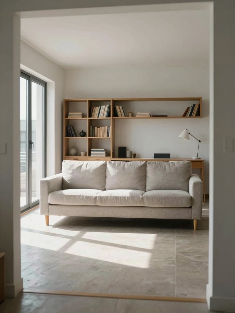 Wide environmental shot of an empty furnished living room photographed head-on from the doorway threshold — clean sofa, organised shelving, a desk with a lamp, cool natural daylight streaming through a large window left of frame, no people, no lifestyle props, surfaces clear and ready