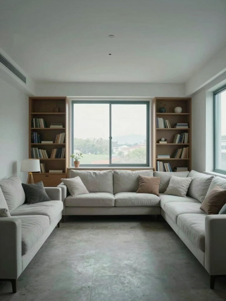 Wide environmental shot of an unoccupied modern furnished living room, head-on framing showing room proportion — clean sofa, organised shelving, large window flooding the space with cool natural daylight, no occupants, no decorative staging