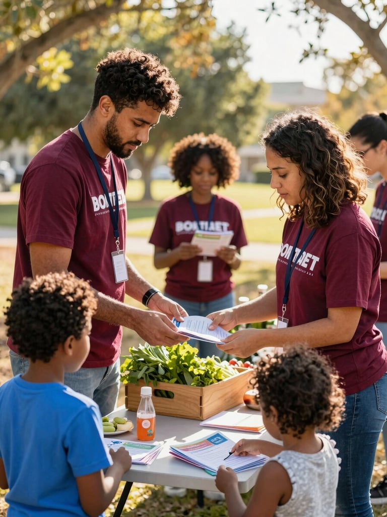 A warm, sunlit outdoor scene of volunteers in local parks distributing fresh produce and wellness brochures to diverse families