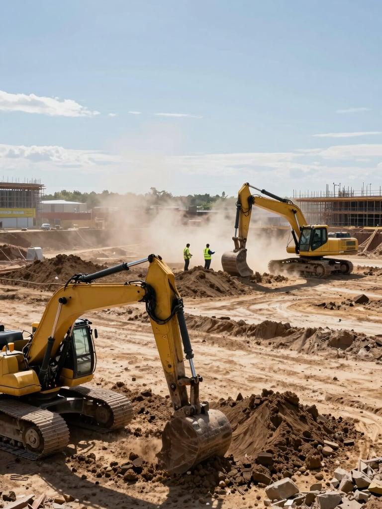 Wide environmental shot of a large active construction site, excavator moving earth in the foreground, crew members coordinating in hi-vis vests across the mid-ground, dust rising under direct midday sunlight, horizon low, generous sky above showing project scale