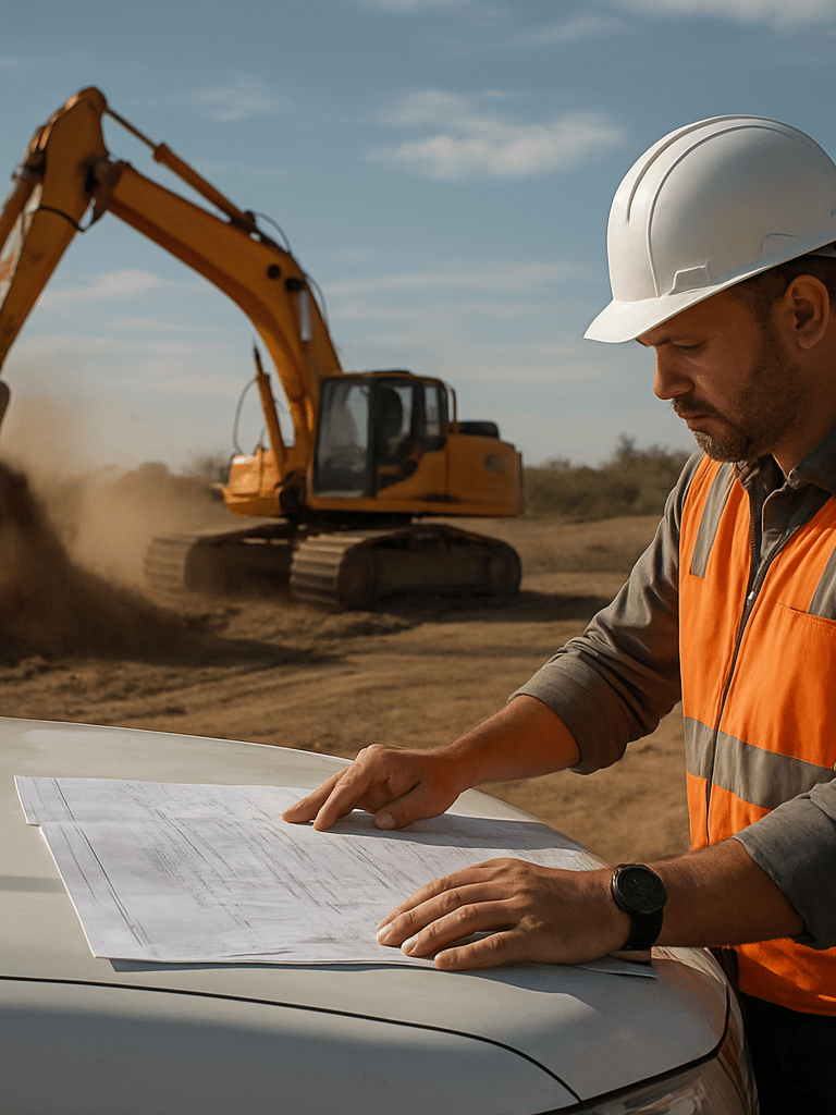 Wide environmental shot of a construction site foreman reviewing printed site plans spread over the hood of a truck, excavator operating in the background moving earth, natural harsh daylight, no posed eye contact, dust visible in the air
