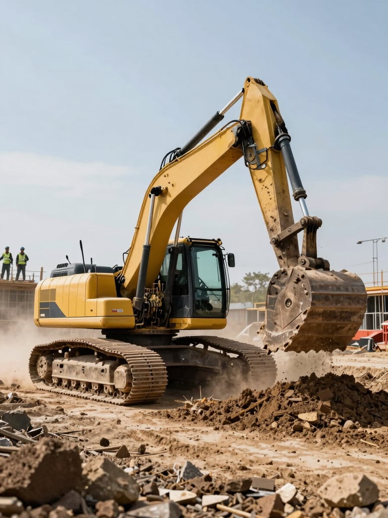 Wide environmental frame, active construction site, a tracked excavator mid-swing moving a load of earth, natural daylight, dust visible in the air, crew coordination visible in background, no staged posing