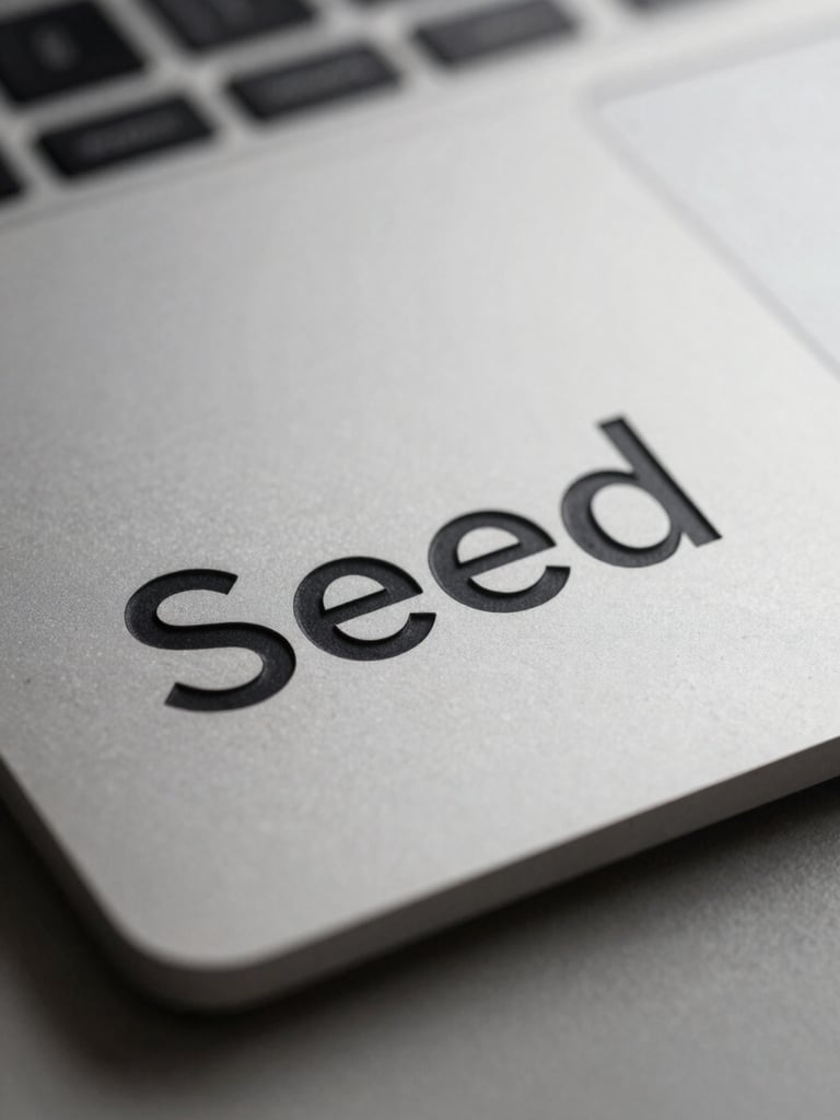 Makroaufnahme einer Metallplatte mit eingravierter Seed-Phrase, umgeben von einem minimalistischen, technischen Arbeitsbereich. Scharfer Fokus, weiches Studiolicht.