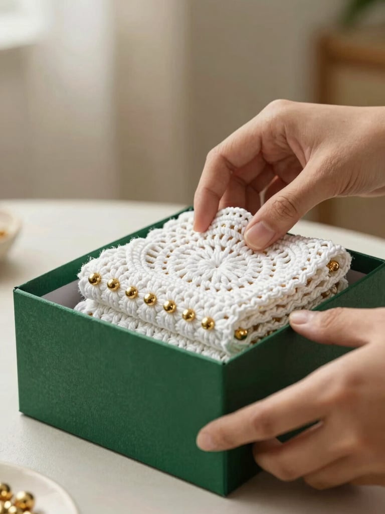 Hands carefully placing a folded white crochet toran with gold beads into a premium emerald green gift box, soft natural light, shallow depth of field, 85mm