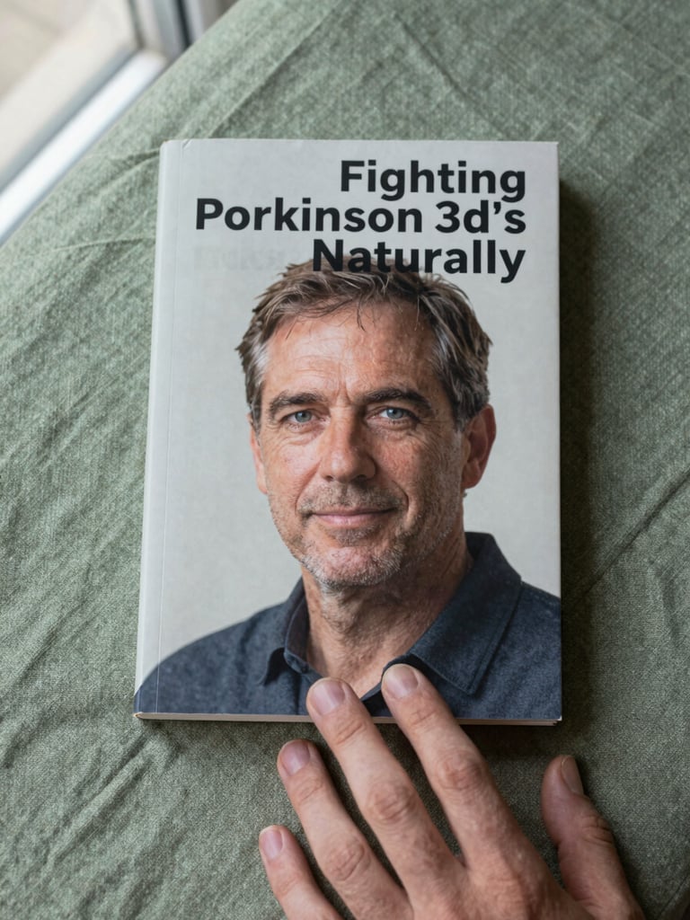 Tight portrait shot of the book 'Fighting Parkinson's Naturally' cover, lying flat on a sage-green linen cloth, one hand resting at the lower edge as if just set down, diffused window light from the left, no shadows harsh