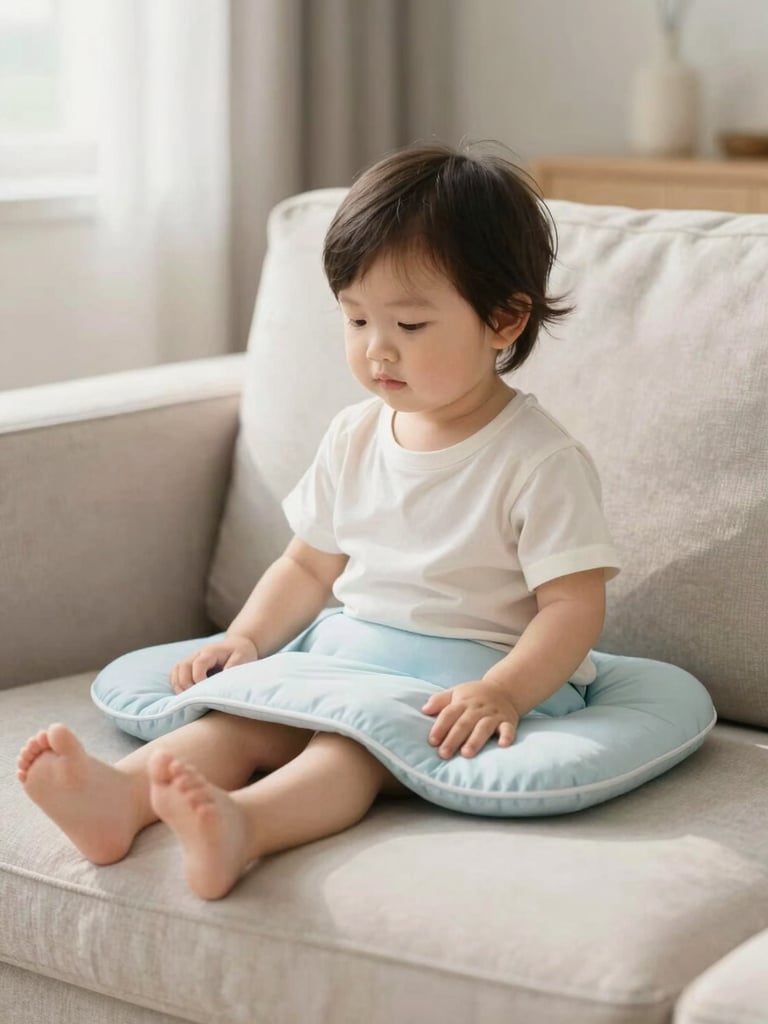 A child calmly sitting with a weighted lap pad on a modern sofa, soft natural morning light, warm editorial photography, shallow depth of field