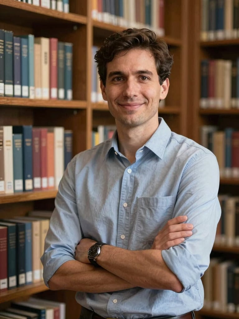 A warm, natural light portrait of a school leader in a library, surrounded by rows of classic books, presenting a friendly and reassuring expression.