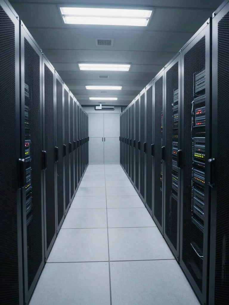 Wide-angle view of a corporate server room corridor, rows of illuminated rack servers receding into depth, cool overhead fluorescent light, no people, clean and precise