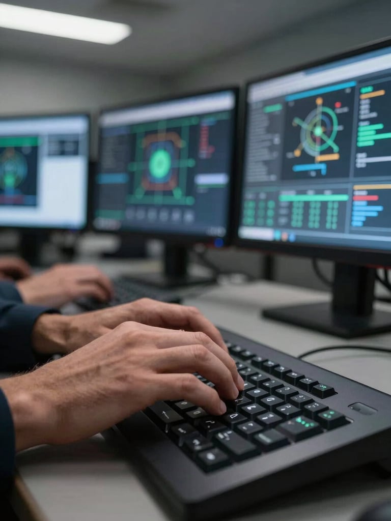 Close-up of a technician's hands on a keyboard in a dimly lit control room, multiple monitors displaying infrastructure dashboards in the background, cool overhead lighting, sharp focus on the hands and keys