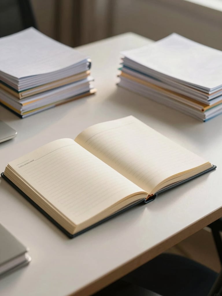 Wide environmental shot of a calm, uncluttered desk workspace from a slight angle, open ledger and neatly stacked organized files in soft north-facing natural light, no harsh shadows, warm neutral surface, quiet and competent atmosphere