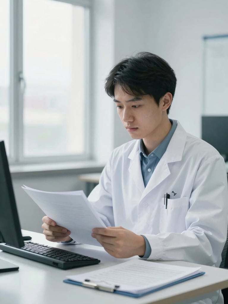 A professional researcher analyzing technical documentation in a bright, modern studio, cool natural daylight, desaturated blue tones, 35mm