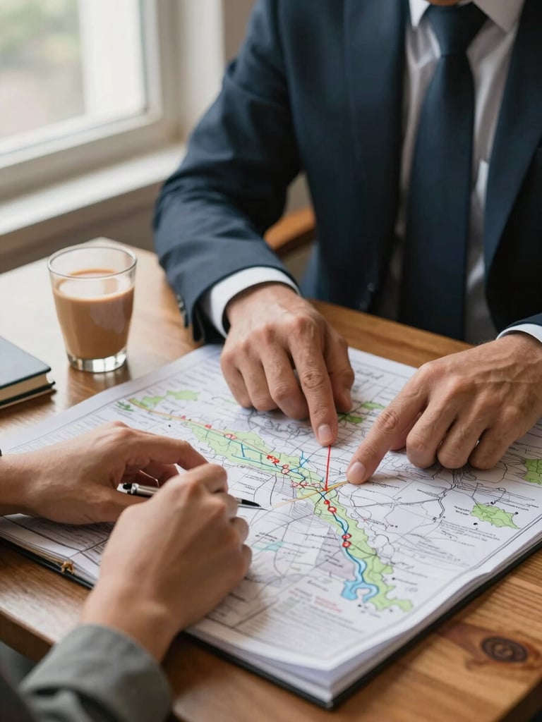 Documentary close-up, a travel agent and a client seated at a low wooden table reviewing a hand-drawn map, chai glasses nearby, natural window light from the left, worn notebook pages visible, no faces fully shown — focus on hands pointing at the map