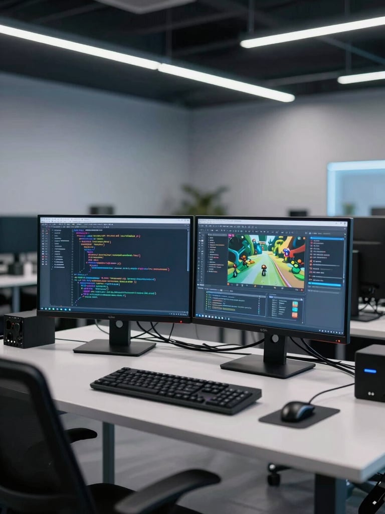 Wide studio interior shot, developer at a dual-monitor workstation with real code visible on screens, cool LED office light casting blue-white glow, a second monitor showing a game interface build in progress, cables and peripherals in foreground, studio density visible in background
