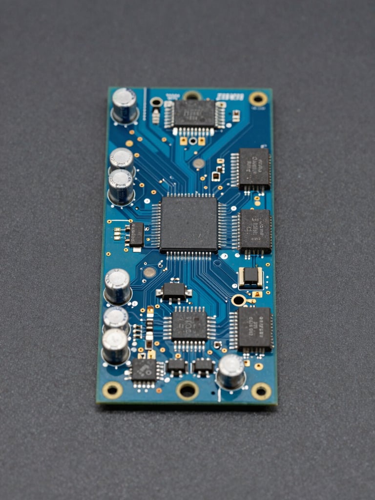 Straight-on technical product shot of a blue cartridge circuit board, clean copper traces, surface-mount capacitors, and programmed IC flash memory, bright studio lighting, dark graphite background