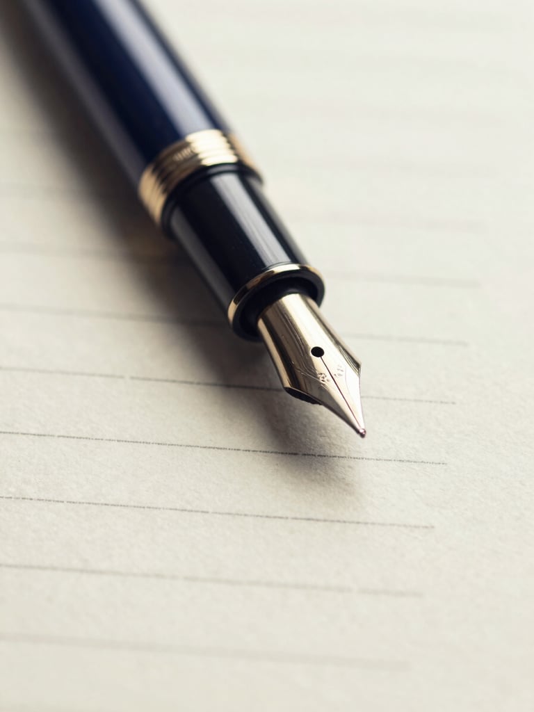 Macro close-up of a classic fountain pen resting on textured legal document paper, soft warm window light, shallow depth of field