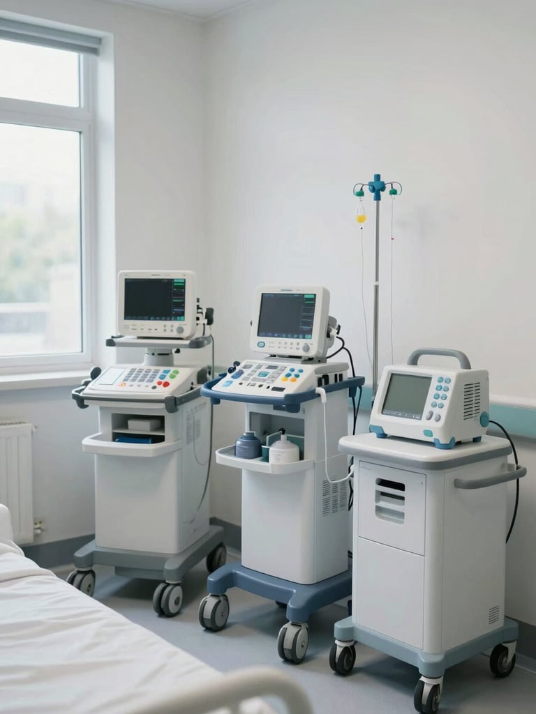 Wide shot of a hospital equipment room showing multiple medical devices on carts — a patient monitor, an infusion pump, and a suction unit — arranged in a clinical ward setting, natural daylight from a window on the left, clean white walls