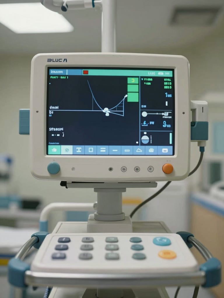 Close-up portrait of a patient monitor face at eye level mounted on a hospital cart, clinical overhead lighting illuminating the display panel, parameter readings visible on a high-contrast screen, control buttons in sharp foreground focus, sterile ward environment background softly out of focus