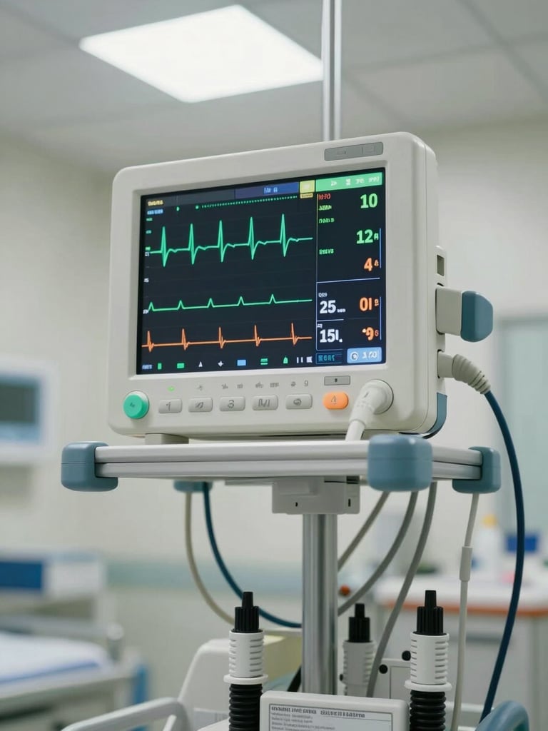 Close-up of a patient monitor control panel mounted on a hospital cart, displaying ECG waveform and vital signs readouts on a bright screen, clinical overhead lighting, white hospital room background, no people, cables neatly managed along the cart pole
