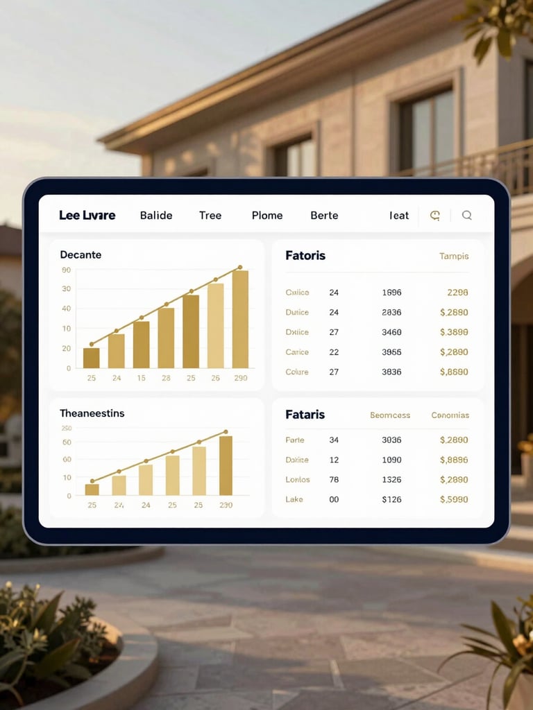 A clean digital dashboard interface preview showing luxury property comparison metrics, elegant gold and navy charts, overlaying a blurred architectural background.