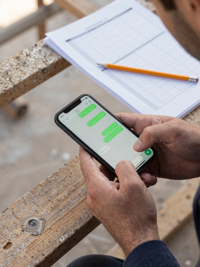 Overhead close-up of a contractor's hand scrolling a WhatsApp conversation on a smartphone placed on a wooden scaffolding plank, a pencil and folded schedule sheet beside it, soft overcast daylight from above, authentic job-site context, no studio lighting
