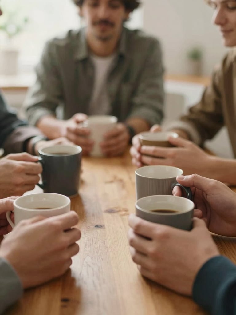 Close-up of hands around warm mugs on a wooden table, a group conversation in soft focus behind, indoor natural light, unhurried and grounded feeling
