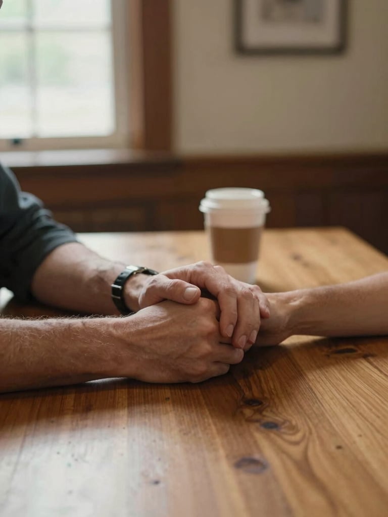 Close-up of two pairs of hands resting on a wooden table mid-conversation, a coffee cup in the background, warm indoor natural light from a window to the left, documentary style, unposed, Ohio community center setting
