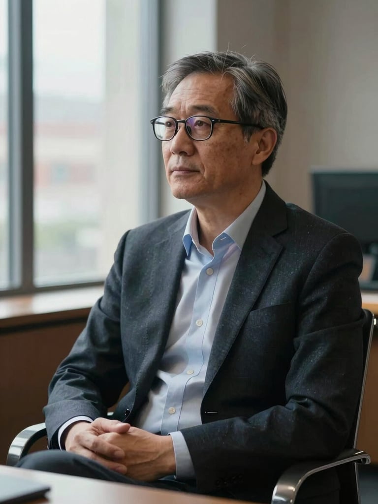 Environmental portrait of a mature legal strategist in a sober modern office, sitting in quiet reflection near a window with soft natural light.