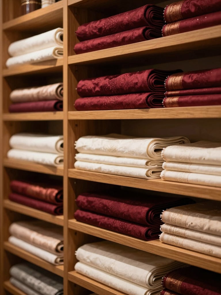 Elegant interior of a premium textile shop in Hyderabad, rolls of colorful silk and cotton fabrics stacked neatly on wooden shelves under warm lighting
