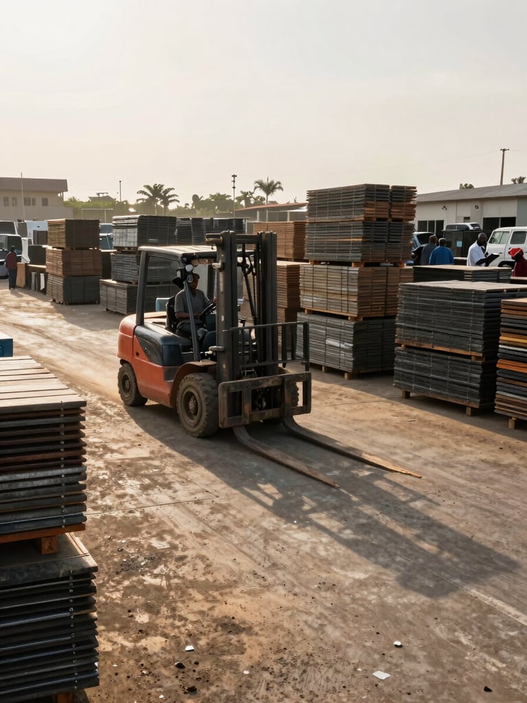 Wide environmental shot of an active supply yard in Lagos at dawn — stacked building materials, a forklift mid-movement to the left third, workers in the background reviewing a clipboard, available light from the open yard casting long shadows across the concrete floor