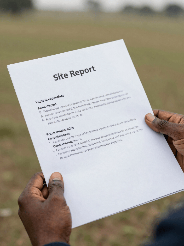 Person holding a white business document titled Site Report outdoors with a blurred field background.