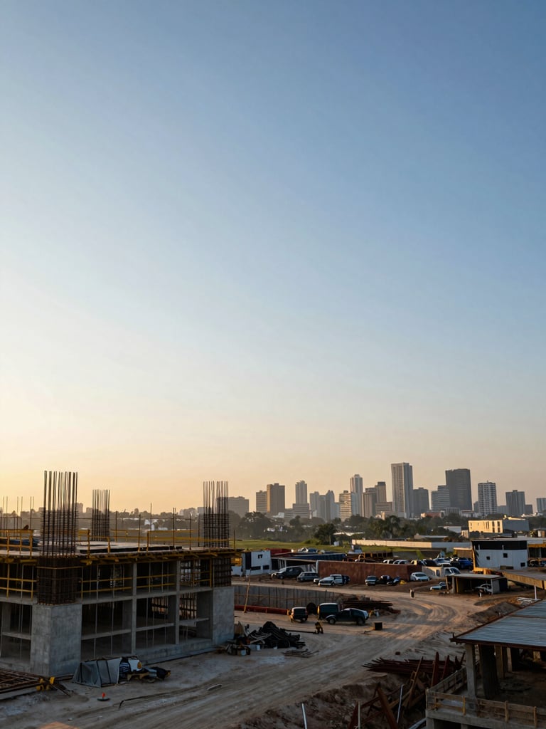 Wide panoramic dawn view of an urban Lagos construction and development site — concrete foundations and steel reinforcement visible in the left foreground, the city skyline softly out-of-focus in the far right background, golden pre-sunrise light raking low across the site from the left edge, expansive sky filling the upper two-thirds, no people present