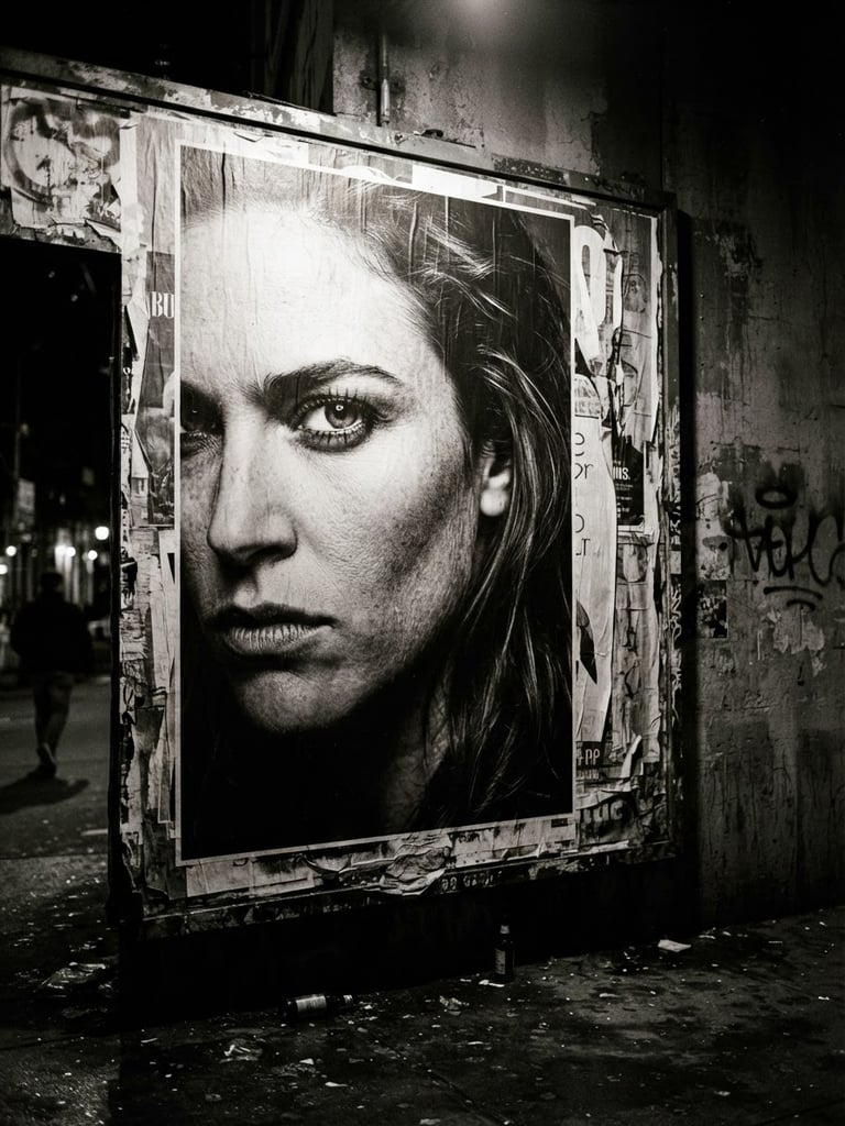 High-contrast street-level outdoor billboard on a concrete wall in New York, hard direct flash, deep shadows, raw cinematic texture.