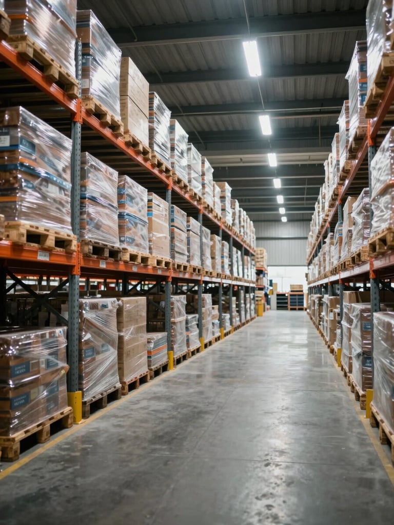 Wide environmental interior of a large logistics warehouse, floor-level perspective showing long rows of metal racking systems stacked with palletized cargo, even fluorescent warehouse lighting, no people, operational scale visible to the far end