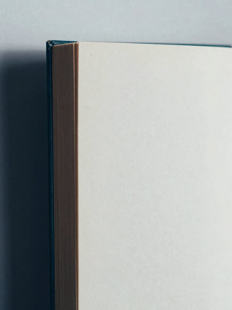Close-up of a vintage book spine and clean paper texture, muted tones, soft diffused daylight, 35mm film grain