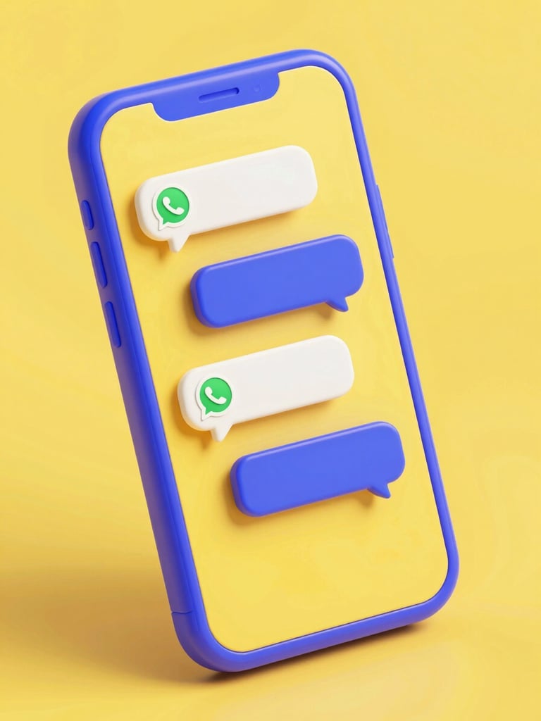Vibrant 3D render of a smartphone displaying an active WhatsApp automation chat with clean geometric message bubbles, isometric angle, bold saturated yellow and deep indigo tones, crisp studio lighting.
