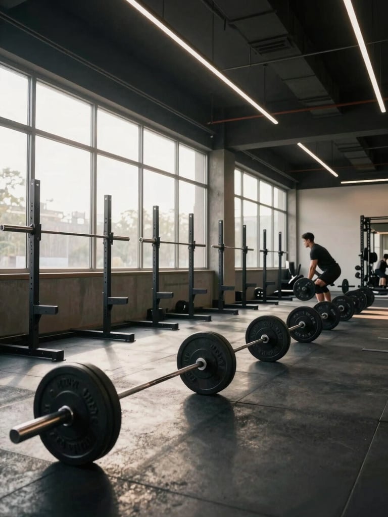 Wide environmental shot inside a modern gym, morning light cutting through high windows across a row of barbells and weight racks, a single athlete mid-lift in the background right, concrete floors and exposed ceiling beams visible, the full floor plan readable from a standing visitor's perspective