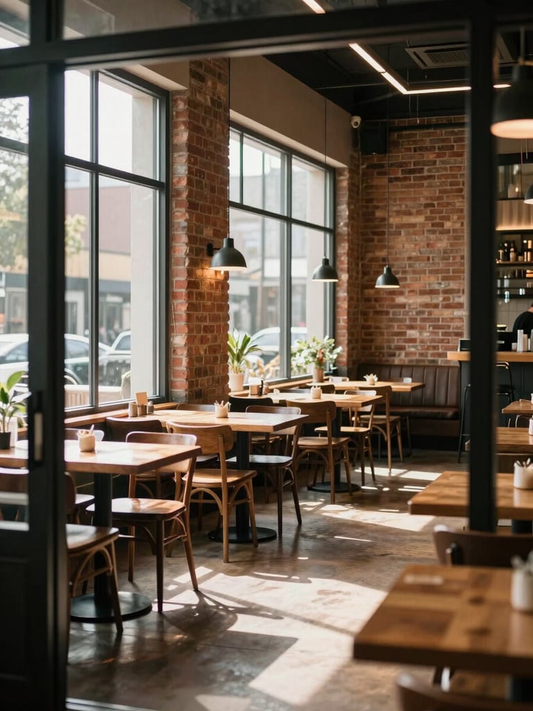 Wide interior of a warm-lit artisanal restaurant, natural midday light flooding through tall windows onto wooden tables and empty chairs awaiting guests, brick walls and hanging pendant lights visible in the right third, architectural depth drawing the eye inward, shot from the entry threshold as a first-time visitor would see it